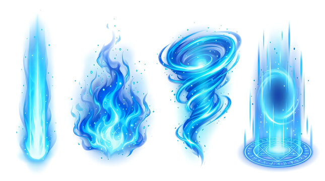 Set of blue magical energy effects and fantasy fire elements for game design
