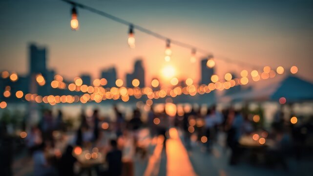 rooftop party blurred background sunset city skyline bokeh string lights outdoor social event evening gathering celebration night city atmosphere
