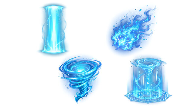 Set of magical blue fire and water energy vortex special effects for games