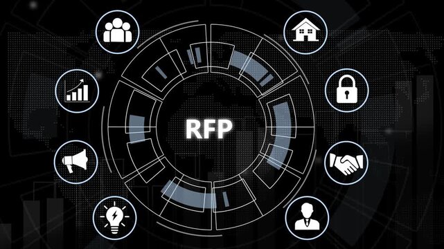 Rfp request for proposal business concept animation featuring interactive digital interface for corporate procurement, strategic bidding, project management, and global tendering