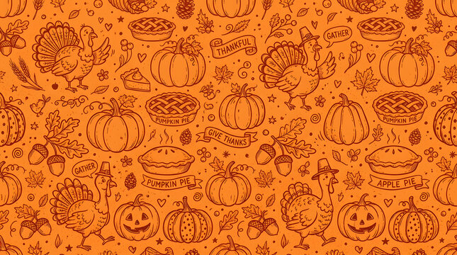 Seamless pattern with hand drawn thanksgiving elements like turkeys pumpkins and pies on an orange background perfect for festive holiday wrapping paper design