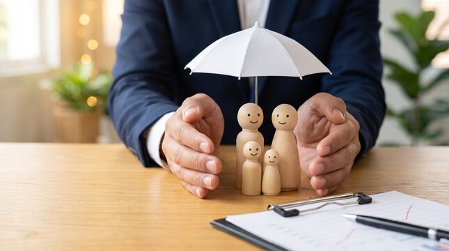 Businessman shielding family figurines under umbrella on desk with suited man protecting wooden family figures umbrella protection insurance