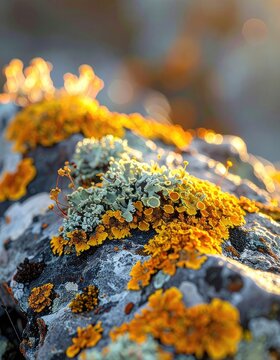 Macro photograph of lichen growing on a rock surface bathed in sunlight.