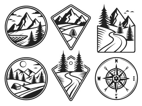 highly detailed yet minimalist hiking trail badges featuring winding paths through mountains, forests, lakes, bridges, camping tents, trail signs, sunrise, backpacks, and compass symbols. U