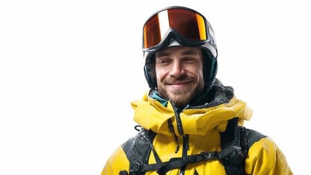 Winter Sports Enthusiast: A smiling skier, clad in a vibrant yellow ski jacket and helmet with orange goggles, poses ready for a cold weather adventure.