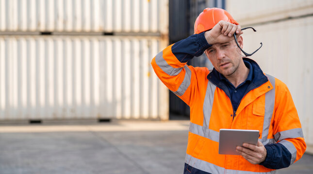 Heatstroke construction worker hard hat safety vest fatigue heat. Summer heat wave stroke. hot sun sunlight climate temperature, exhaustion fatigue sick thirsty, care safety
