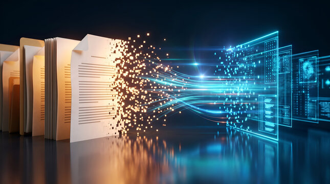 Digital Transformation And Paperless Office Concept With Documents Morphing Into Glowing Data Stream