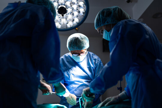 Focused surgical team performing an operation in a modern hospital operating room. Experienced doctor and nurses wearing blue medical scrubs and masks under bright surgical light illumination
