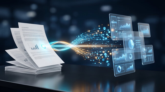 Digital Analytics And Business Transformation Concept With Papers Morphing Into Floating UI Dashboards