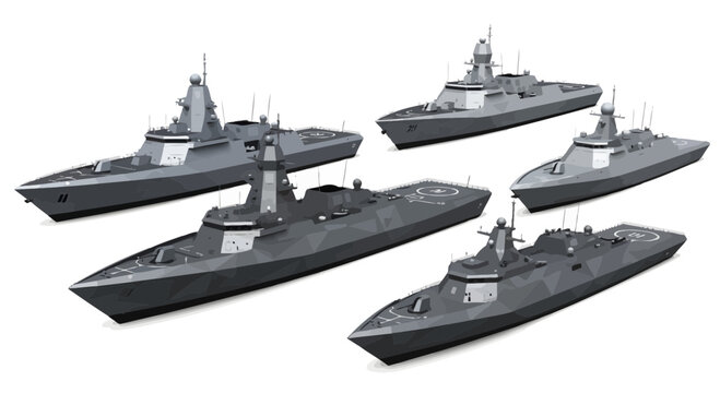 Collection of modern stealth naval frigates and missile corvettes featuring advanced weaponry and angular low radar visibility hulls