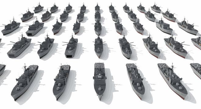A vast aerial top down perspective of a fleet of numerous gray military naval warships organized in formation on a plain white surface