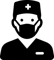 Black and white icon of a doctor wearing a medical mask isolated on transparent background
