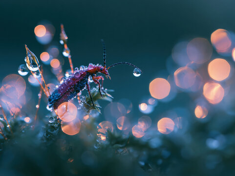 Close-up macro shot of a beetle on moss with dew crystals, early morning sunlight shining through droplets, dreamy bokeh background, ultra detailed wildlife photography