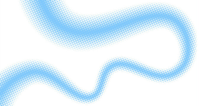 Halftone Background blue dotted wave with abstract flowing particle ribbon, modern technology geometric digital graphic design