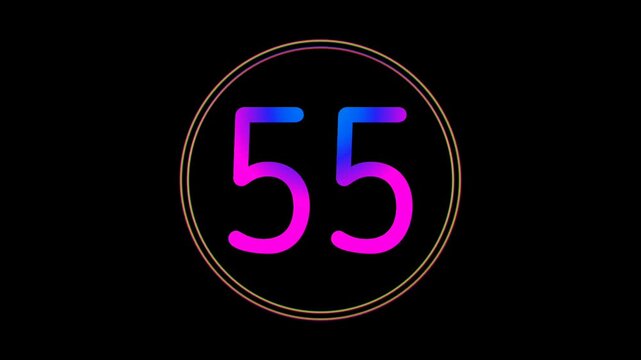 Neon Number 55 Animation Glowing flicking Gradient Blue Pink Digital Futuristic LED Numeric Loop Abstract Tech in Circle Light Motion Graphics Modern Minimal black background