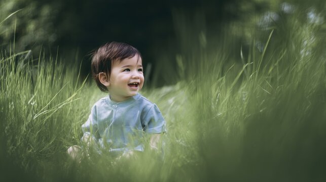 Child plays in grassy field on a sunny day with trees in the background