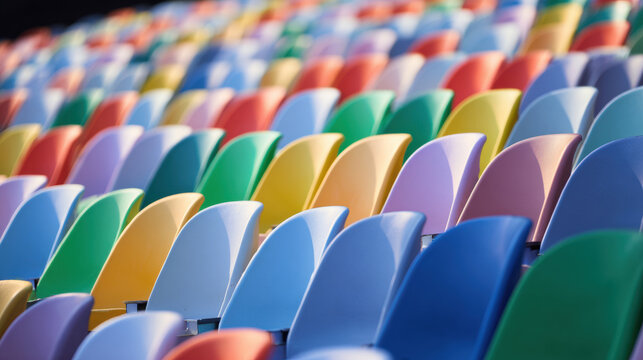 Colorful empty seats in an outdoor stadium waiting for an event to start