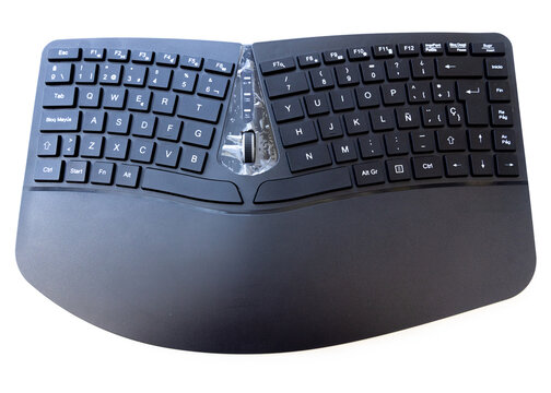 Top view of a modern black ergonomic computer keyboard