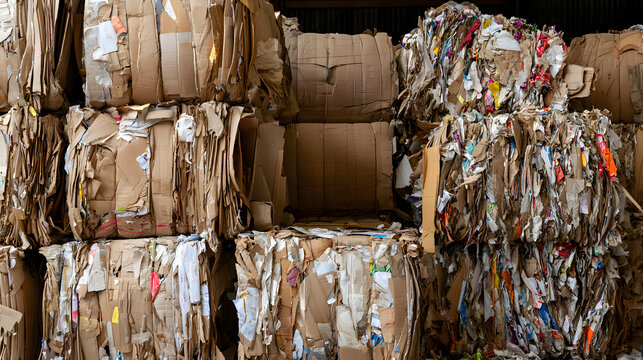 Piled cardboard and paper bales into a warehouse for recycling and sustainable waste management