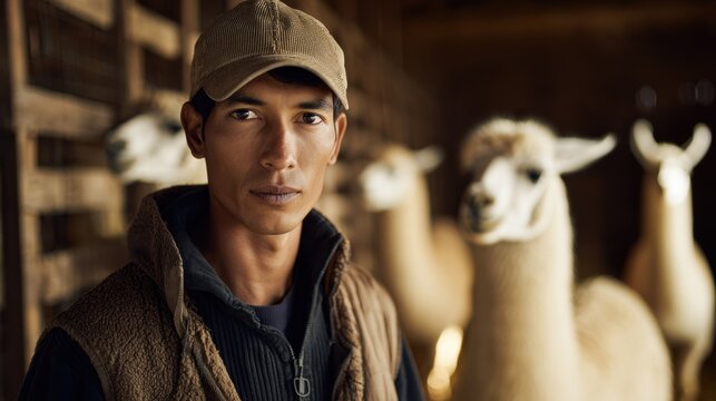 Young man stands in barn with llamas, showing focus on farming life in rural setting during daytime