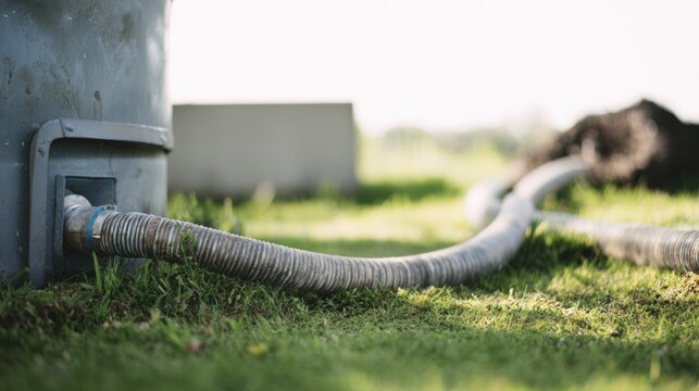 Hose connected to a gray tank on a green lawn during sunny weather in a backyard setting