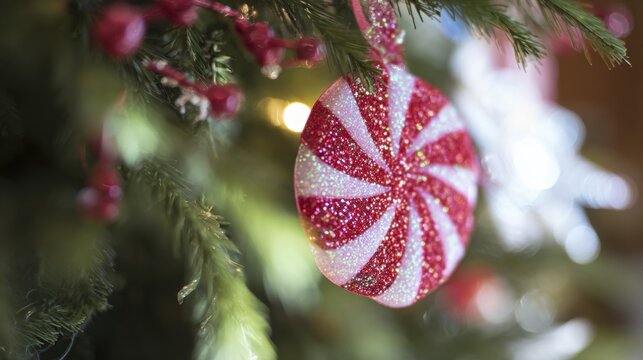 Christmas ornament hanging on a tree with bright colors and sparkles during the holiday season at home