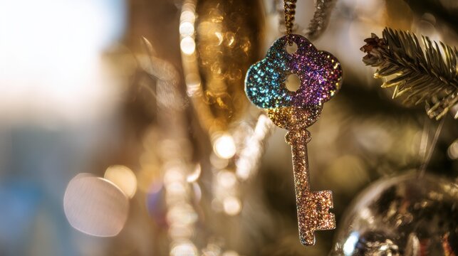 Sparkling key hanging on a string with Christmas decorations in the background during holiday season