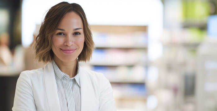 Smiling woman in a store with products on display in the background during daytime