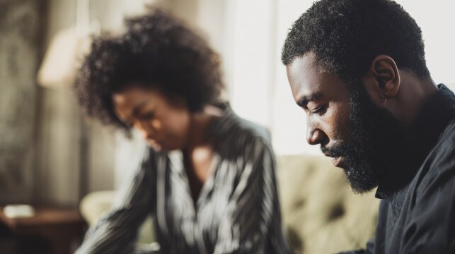 Adults appear to be in a serious conversation at home during daylight
