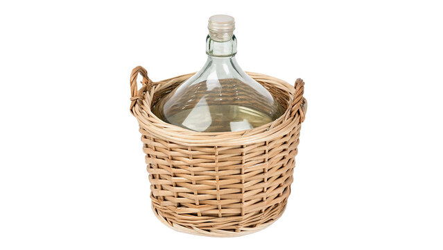 Large glass carboy bottle in wicker basket isolated on transparent background