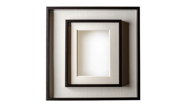Layered black wood picture frames with textured matting, isolated on transparent background