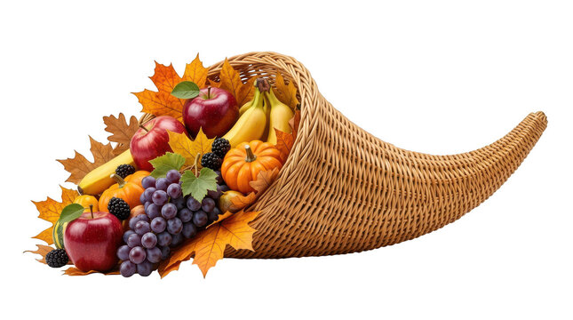 Woven cornucopia horn filled with fresh autumn fruits and leaves isolated on transparent background