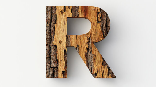 Wooden letter R with tree bark texture, showcasing natural beauty and rustic charm. Perfect for creative designs and projects