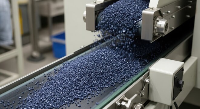 Industrial conveyor belt moving small blue plastic pellets in a manufacturing facility