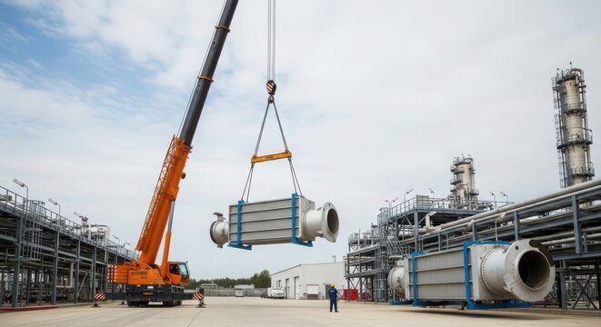 Industrial crane carefully lifting large heavy equipment component at manufacturing plant site