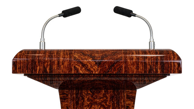 Polished wood podium with two microphones, isolated on transparent background