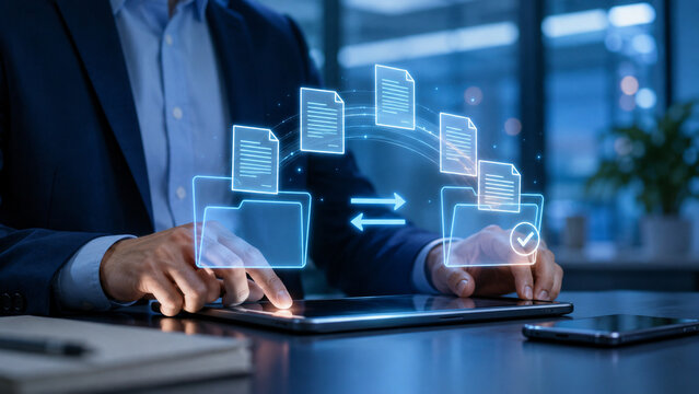 Business Professional Synchronizing Digital Files on Tablet