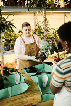 Vertical image of Caucasian young woman teaching African American young woman how to repot houseplant in greenhouse, ideal for small business and gardening workshop marketing