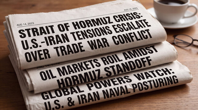 Close up set of newspaper headlines reading strait of hormuz for breaking political news regarding united states and iran trade war conflict