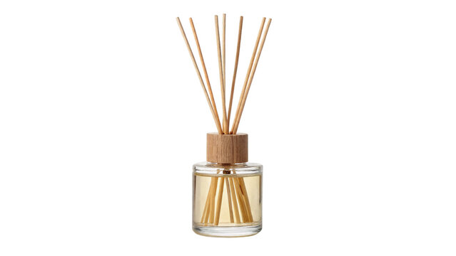 Aroma reed diffuser with glass bottle and wooden sticks isolated on transparent background
