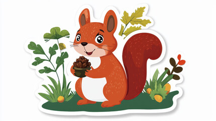 Naklejka premium Cute squirrel holding acorns surrounded by greenery, showcasing playful and cheerful expression