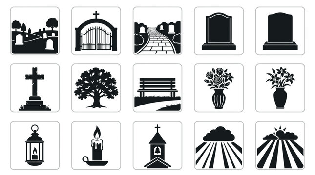 Set of Cemetery and Funeral Related Icons in Silhouette Style.