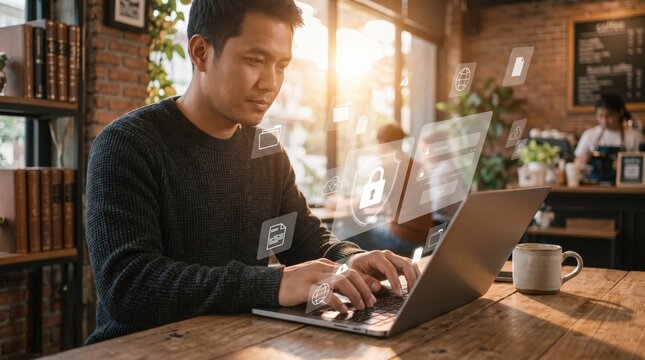 Man using laptop in coffee shop with holographic security lock and login interface, cybersecurity protection concept, remote work and digital privacy safety for online business.