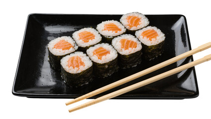 Eight salmon sushi rolls with nori and rice served on a black plate with chopsticks, isolated on transparent background © Viktor