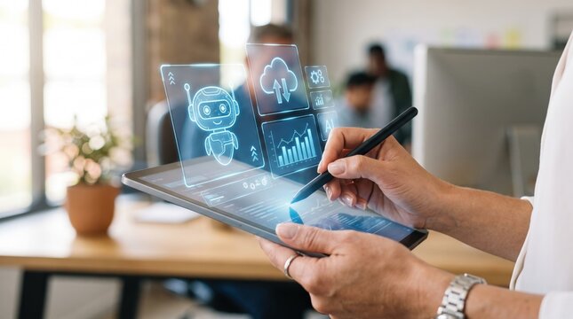 Person using tablet with AI robot and cloud data icons, artificial intelligence, machine learning, automation technology, digital transformation, business innovation