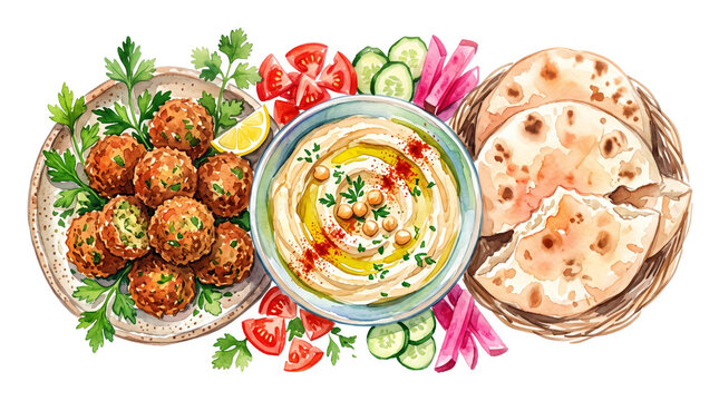 Watercolor Middle Eastern food illustration, falafel platter with hummus and pita bread, traditional Mediterranean mezze with fresh vegetables isolated PNG with Transparent Background