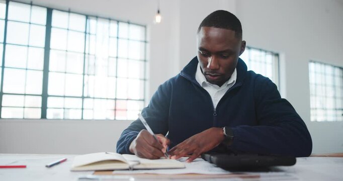 Architect, notebook and man in office with writing, design plan and draft of renovation project. Review, black person and engineer with notes, progress checklist and strategy brief for remodeling.