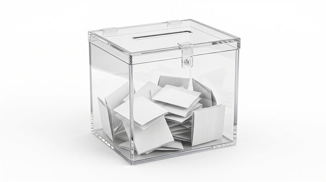 Clear ballot box filled with white slips of paper on a white background, representing voting or selection