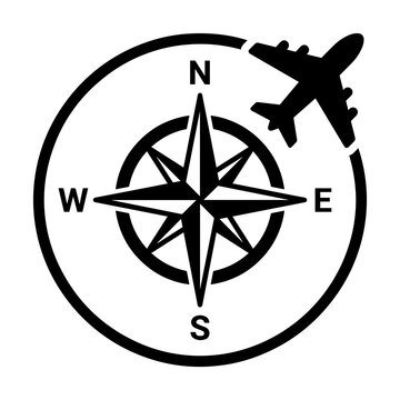 Black and white featuring a compass rose with cardinal directions and a silhouette of an airplane flying in a circular path