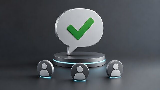 Customer feedback concept featuring a green checkmark in a speech bubble above user avatars representing positive reviews and consensus